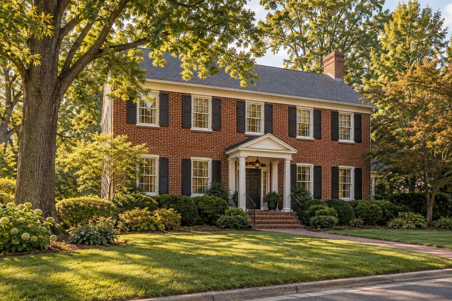 Illustrative red-brick Virginia-style home beneath mature trees