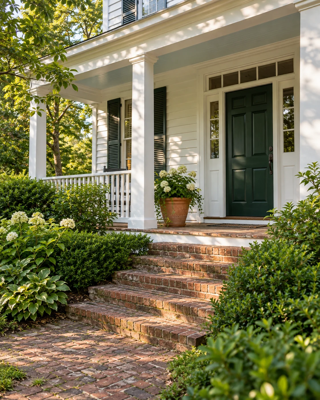 Illustrative welcoming front porch with white siding and a green door